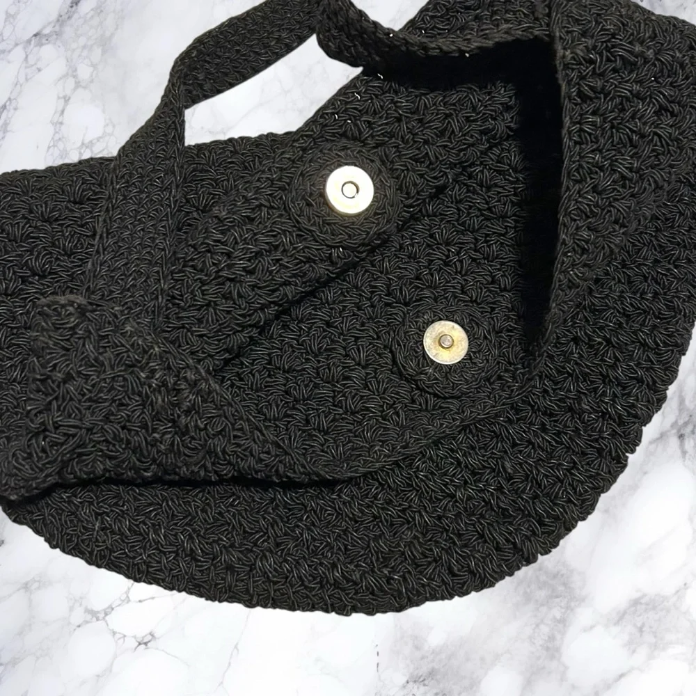 Crochet Hobo Purse Crossbody Sling Black Knit Roomy